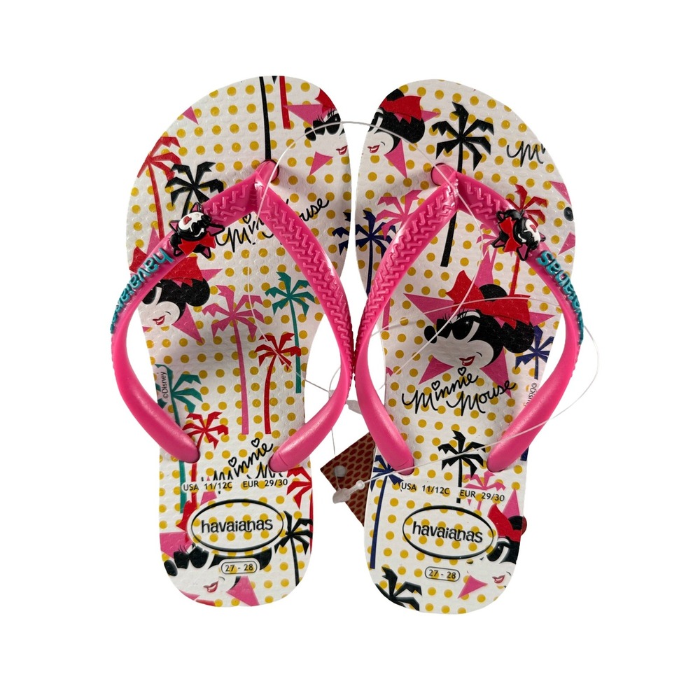 NWT Havaianas Disney Minnie Mouse Flip Flops Kids Girls 11/12C White Pink Flux